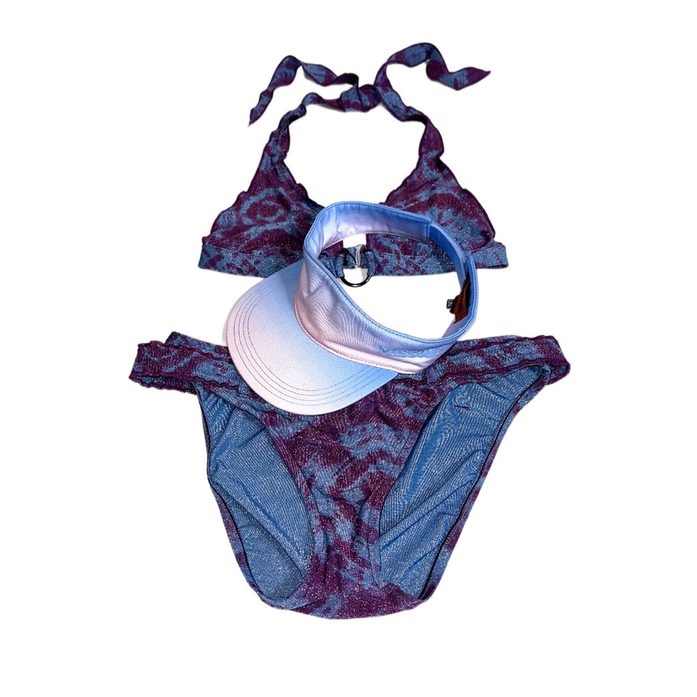 Vintage Y2K BECCA Blue & Purple Sparkle Bikini Set & MISSONI Ombré Sun Visor Set